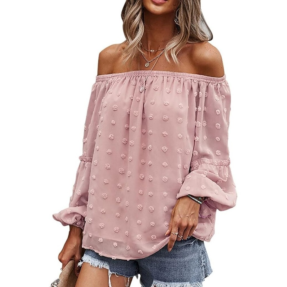 Women Chiffon Blouses Off The Shoulder Pom Pom Tops Swiss Dot Lantern Sleeve M